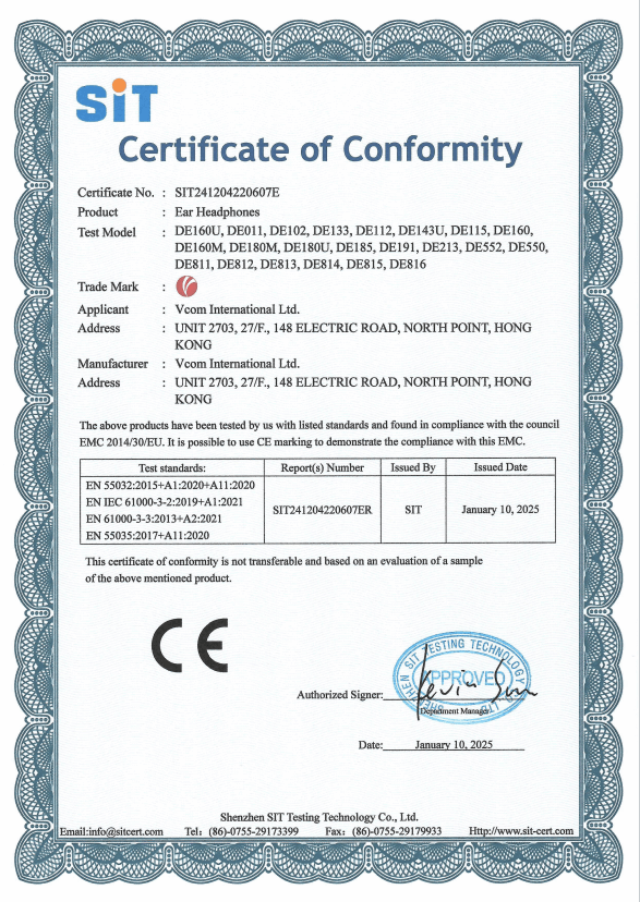 VCOM HEADPHONE CE CERTFICATION